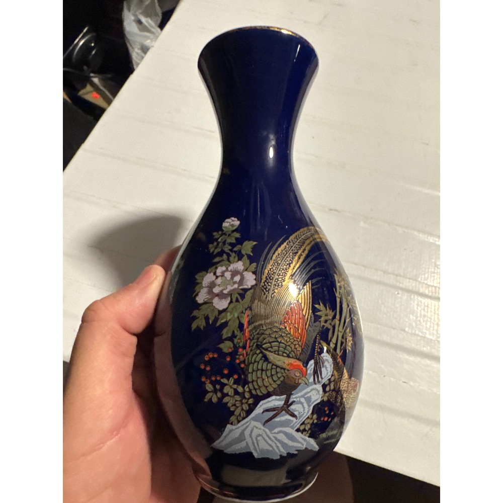 Unbranded Bud Vase‎ Home Small Cobalt Blue  Pheasant Floral Gold Trim Japanese